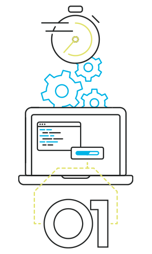 Illustration of a computer screen with cogs in the background, a timer on top, and an 01 on the bottom