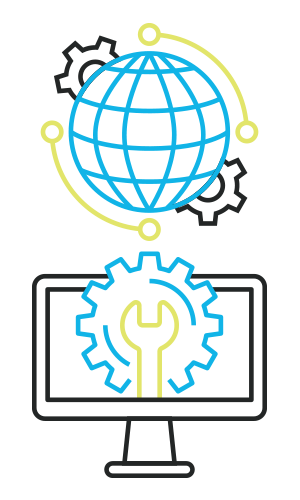 Illustration of a desktop screen with a globe on top with cogs behind it