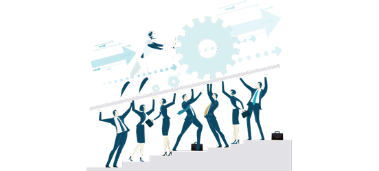 Image of people holding up a ramp while a cyborg pushes a cog up that ramp