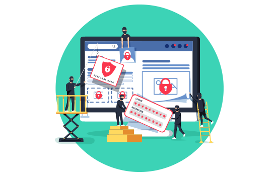 Illustration of robbers stealing things out of your computer screen. Learn about vulnerability management