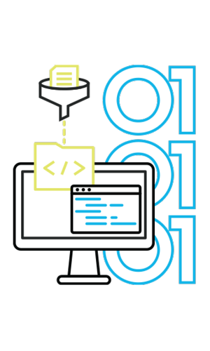 Illustration of a computer screen with a funnel pouring data in to a computer folder with 01s in the background