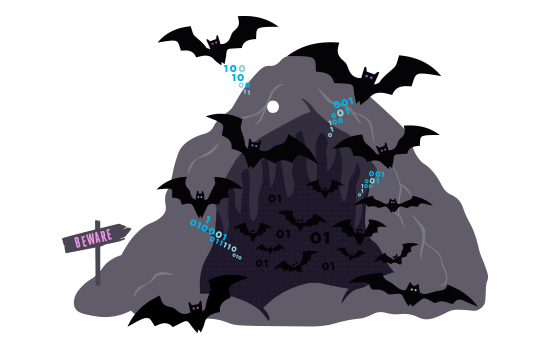 Illustration of a cave with bats coming out and binary code trailing after the bats