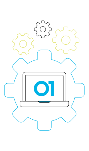 Illustration of cogs with a laptop with 01s in the middle of the largest cog on the bottom